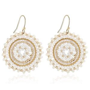 White and Gold Beaded Crystal Round Disc Boho Statement Dangling Hook Earrings